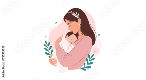 A loving mother gently cradles her sleeping infant surrounded by soft artistic shapes and botanical elements.