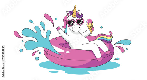 A cute unicorn enjoys a refreshing ice cream cone while relaxing in a pink inflatable tube in a pool with water splashes.