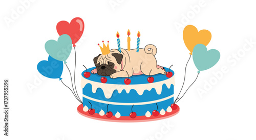 A cute pug wearing a crown lays on top of a birthday cake surrounded by balloons.