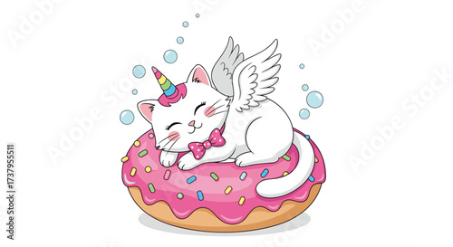 A cute little winged cat with a unicorn horn sleeps on a pink donut.