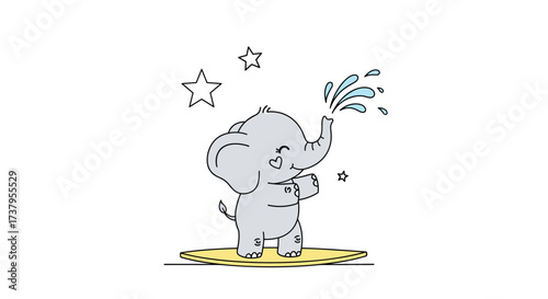 A cute cartoon elephant sprays water and plays with stars.