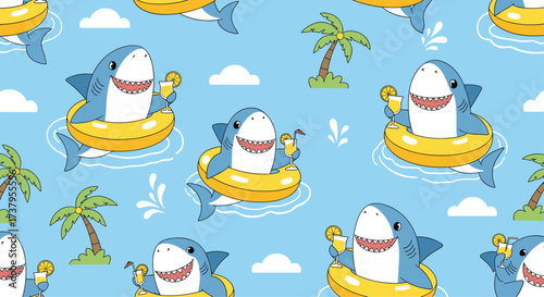 A delightful pattern of happy cartoon sharks enjoying a summer vacation swimming in the ocean with palm trees and clouds.
