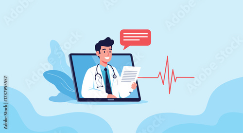 Doctor providing remote medical consultation and health advice through online platform.