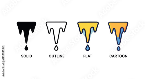Vector icon icicle dripping four styles black solid glyph outline minimal flat multicolor filled cartoon flat shaded.