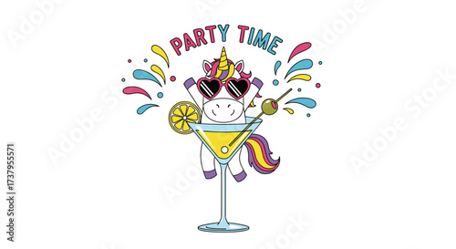 A unicorn having a fabulous time celebrating party time with a cocktail.