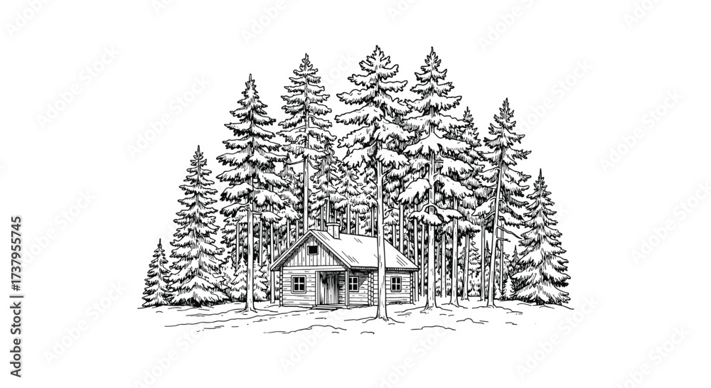 Fototapeta premium A cozy cabin nestled amongst tall pine trees in a dense forest.