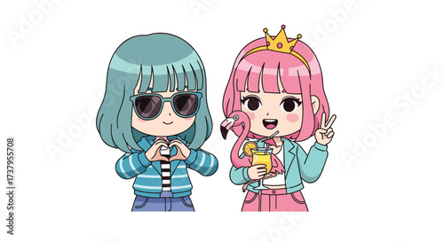 Two cute anime girls posing with a flamingo and a crown