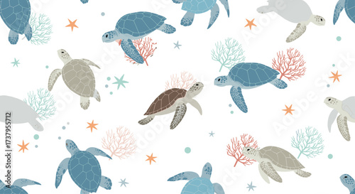 A charming seamless pattern featuring various sea turtles and colorful coral formations.