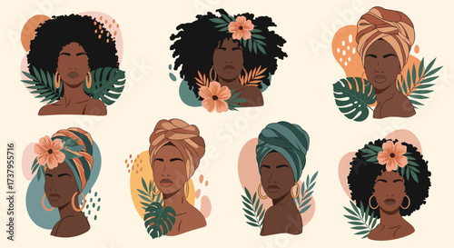 Beautiful pixel art illustrations of black women wearing stylish headwraps and adorned with flowers and tropical leaves.