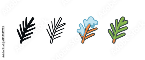 Vector icon pine needles four styles black solid glyph outline minimal flat multicolor filled cartoon flat shaded.