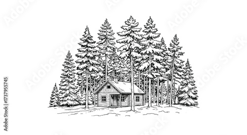 A cozy cabin nestled amongst tall pine trees in a dense forest.