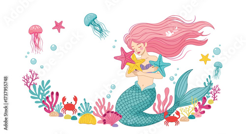 A whimsical mermaid with pink hair cradles starfish surrounded by vibrant underwater flora and fauna.