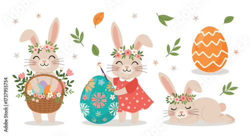 Happy easter bunnies decorating colorful eggs and flowers in a springtime garden scene.