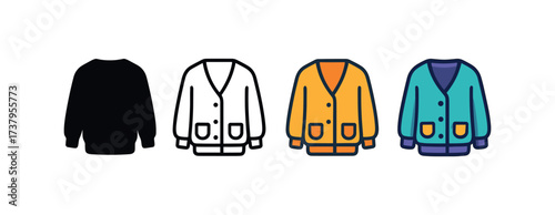 Vector icon wool cardigan four styles black solid glyph outline minimal flat multicolor filled cartoon flat shaded.