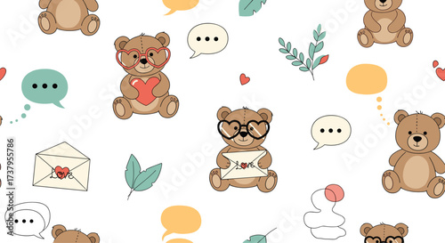 Cute teddy bears and speech bubbles in a whimsical pattern.