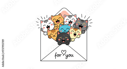 An adorable envelope overflowing with cheerful cartoon kittens ready to be sent to you.