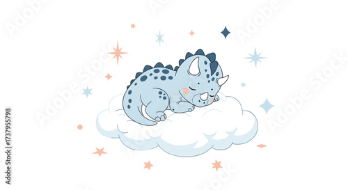 A sweet blue dinosaur dreams peacefully on a fluffy cloud surrounded by twinkling stars.