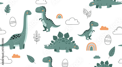 Adorable cartoon dinosaurs and rainbows seamless pattern for kids.