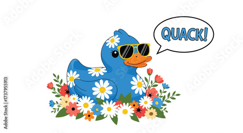 A cute blue rubber ducky wearing sunglasses sits in a bed of colorful flowers and says quack.