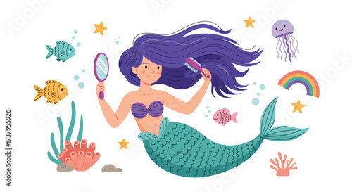 A beautiful mermaid combing her long purple hair with a mirror.