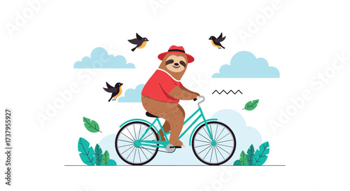 A cute sloth wearing a hat rides a bicycle in the park with birds flying around.