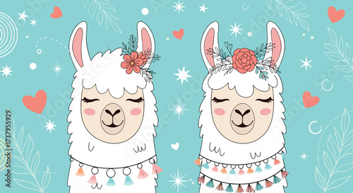 Cute llamas with floral wreaths and heart decorations against a turquoise background with snowflakes and abstract patterns.