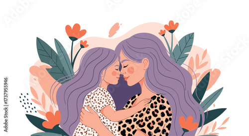 A tender moment between a mother and her daughter surrounded by flowers.