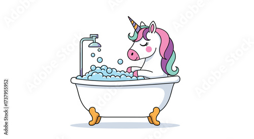 A whimsical unicorn enjoying a bubbly bath in a clawfoot tub surrounded by cheerful soap suds.