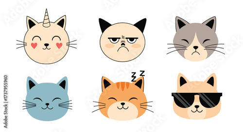 A collection of six different cartoon cat faces showing various emotions and expressions.