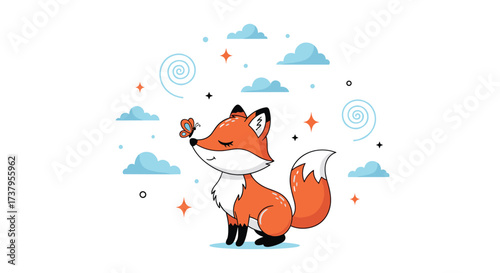 A cute cartoon fox sits among clouds and stars with a tiny ladybug on its nose.