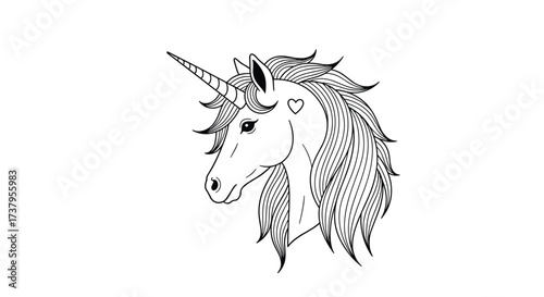 A detailed outline drawing of a unicorn head with flowing mane and horn.