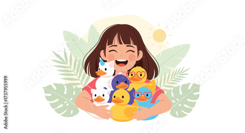 A joyful child happily holding a pile of colorful rubber ducks.