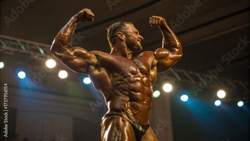 Male Bodybuilder Covered in Oil Performing Strong Pose with Intense Expression on Contest Stage