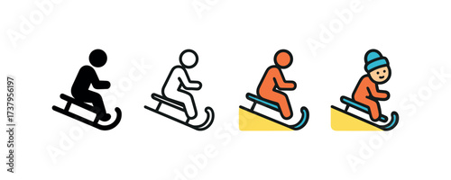 Vector icon sledding hill four styles black solid glyph outline minimal flat multicolor filled cartoon flat shaded.