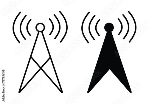 Network Tower: A black and white illustration of a network tower, with radio waves radiating, perfect for technology, communication, and signal concepts. 