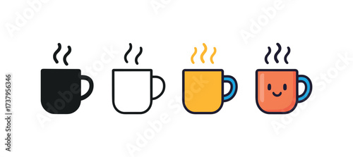 Vector icon steaming soup mug four styles black solid glyph outline minimal flat multicolor filled cartoon flat shaded.