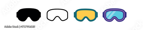 icon snow goggles four styles black solid glyph outline minimal flat multicolor filled cartoon flat shaded.