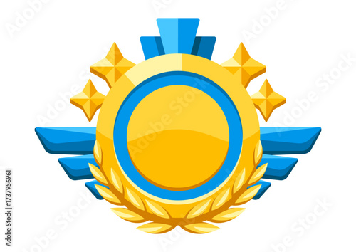 Gold medal with laurel leaves and wings. Game award for the winners. Illustration of prize for sports competitions.