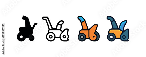 Vector icon snow blower four styles black solid glyph outline minimal flat multicolor filled cartoon flat shaded.