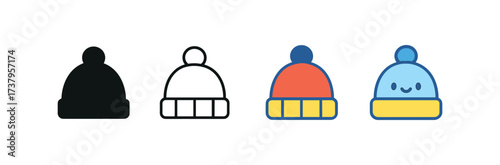 Vector icon woolen winter cap four styles black solid glyph outline minimal flat multicolor filled cartoon flat shaded.