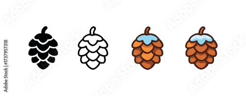 Vector icon frosty pinecone four styles black solid glyph outline minimal flat multicolor filled cartoon flat shaded.