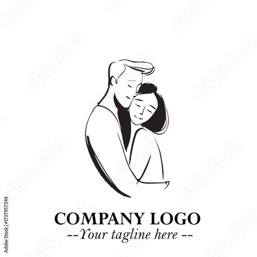 Black and White Couple Woman and Man Hug Together Silhouette Illustration in Minimalist Vector Style