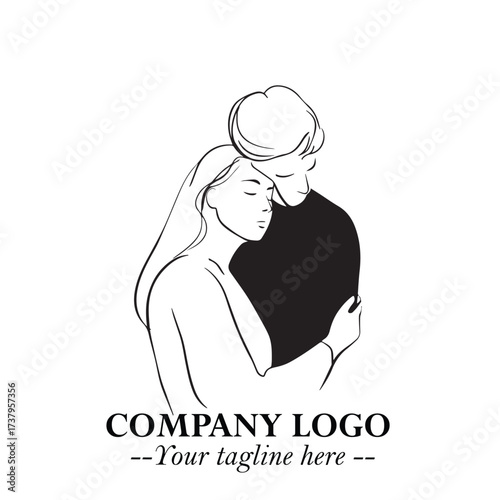 Black and White Couple Woman and Man Hug Together Silhouette Illustration in Minimalist Vector Style