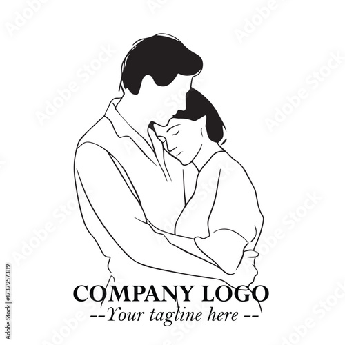 Black and White Couple Woman and Man Hug Together Silhouette Illustration in Minimalist Vector Style