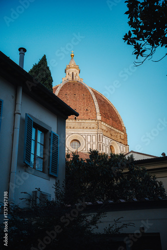 Wallpaper Mural A picturesque view of the iconic Duomo dome in Florence, Italy, framed by traditional buildings and lush trees under a clear blue sky, evoking classic European charm. Torontodigital.ca