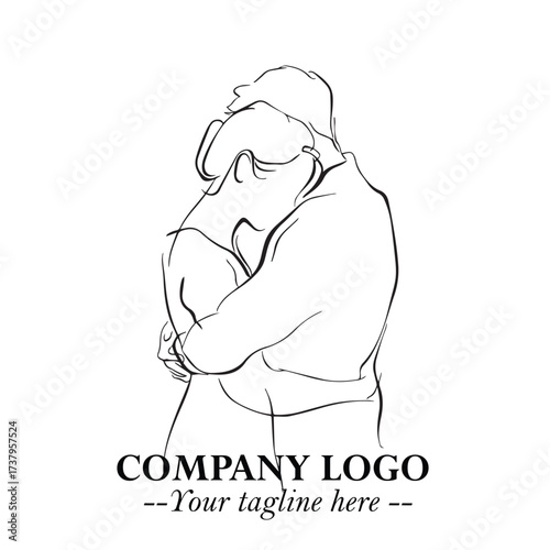 Black and White Couple Woman and Man Hug Together Silhouette Illustration in Minimalist Vector Style
