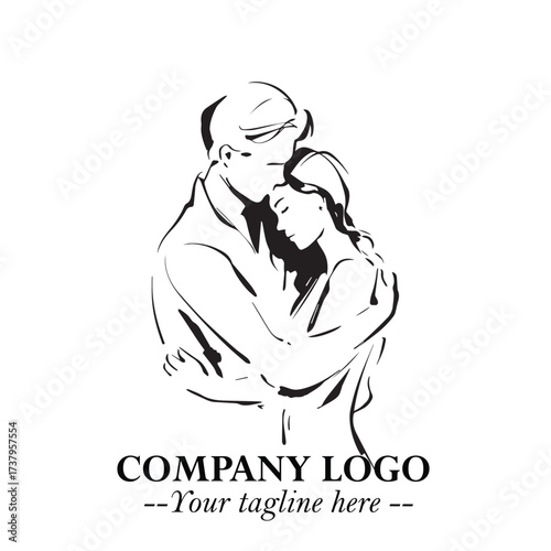 Black and White Couple Woman and Man Hug Together Silhouette Illustration in Minimalist Vector Style
