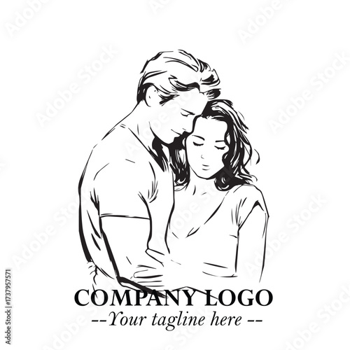 Black and White Couple Woman and Man Hug Together Silhouette Illustration in Minimalist Vector Style