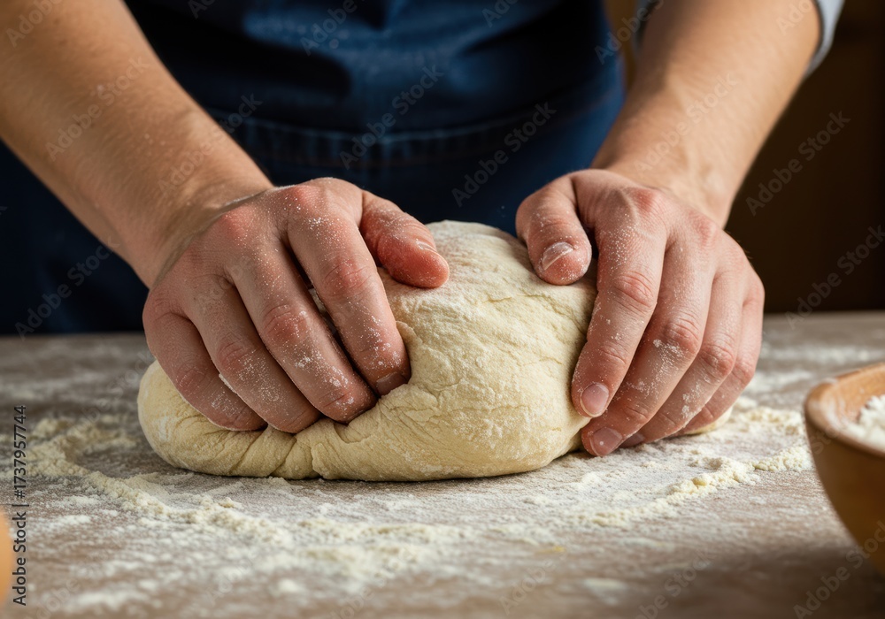 Obraz premium Hands kneading dough on a wooden surface