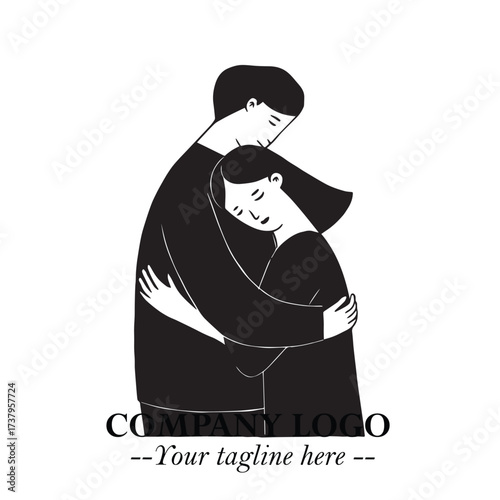 Black and White Couple Woman and Man Hug Together Silhouette Illustration in Minimalist Vector Style